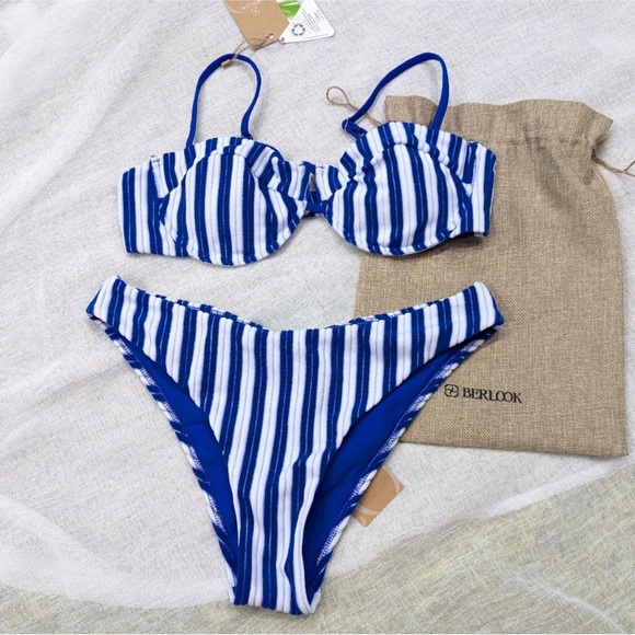 Berlook Striped Blue and White Bikini Set - Picture 2 of 3